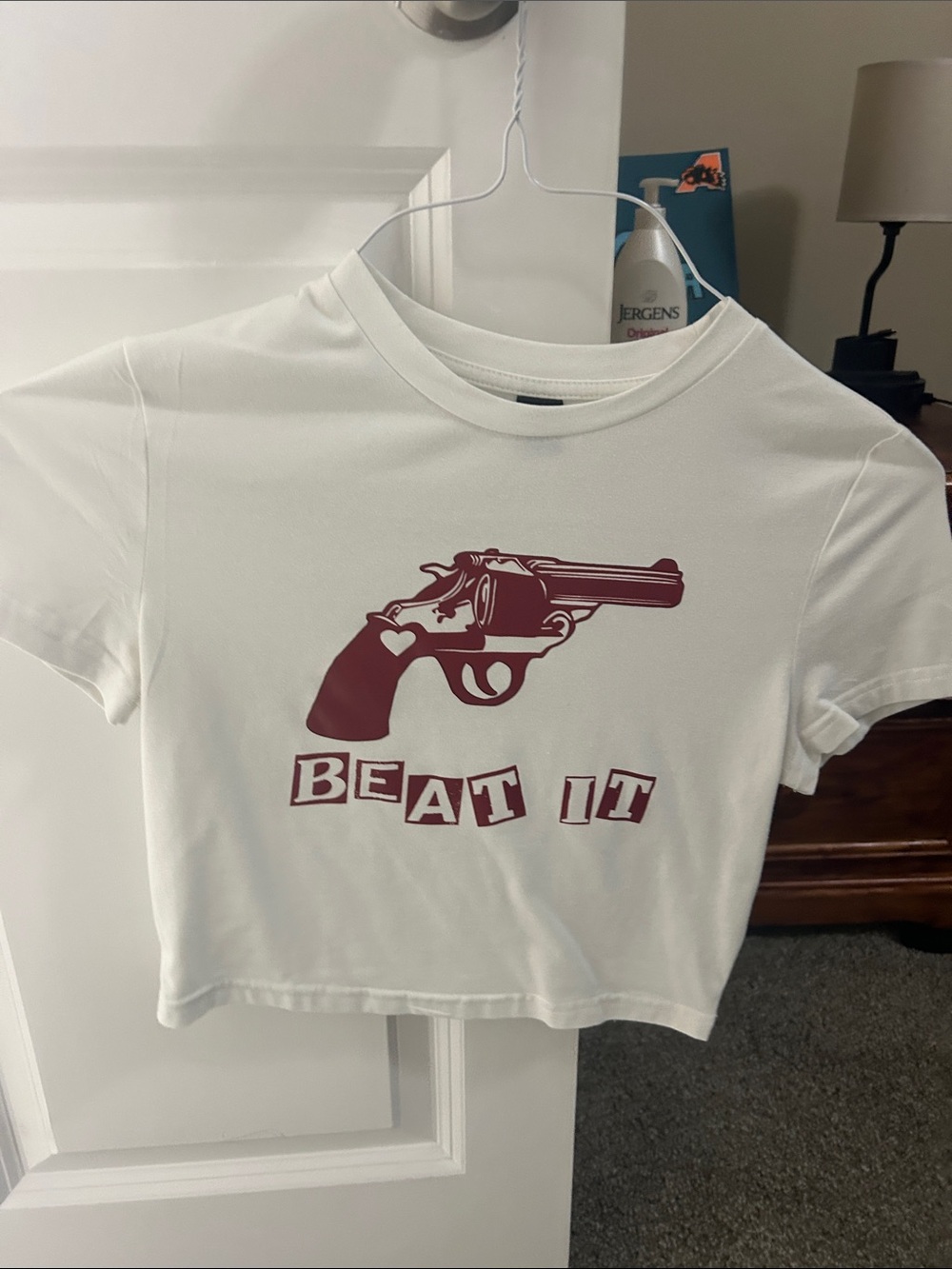 SHEIN White Cropped Tee with Maroon Revolver Graphic